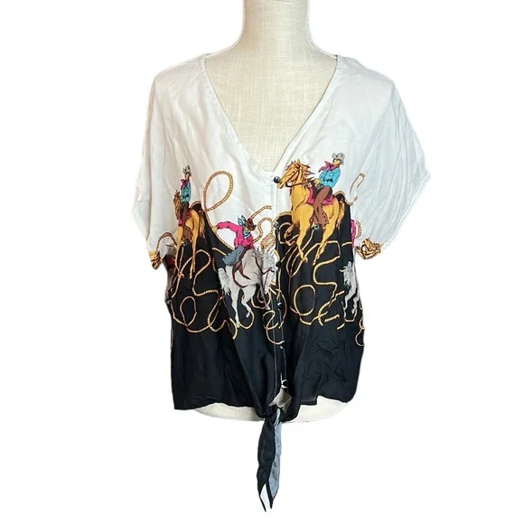 Roper Short Sleeve Button Up Blouse White Black Cowboy Rodeo Tie Front Womens L - Picture 1 of 9